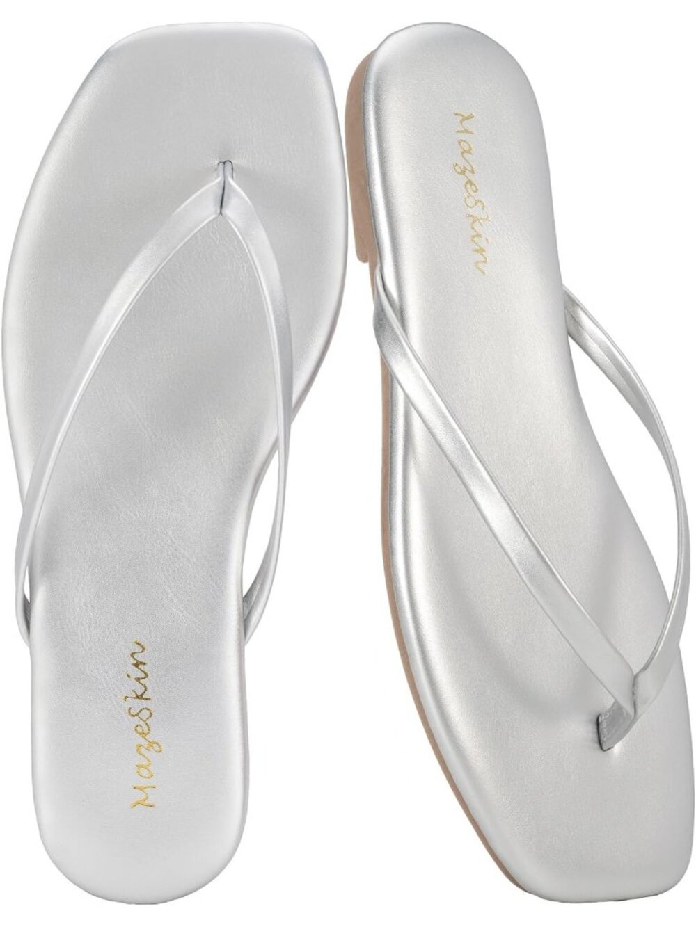 Women's Silver Cushioned Square Toe Flat Memory Foam Thong Flip Flops Sandal